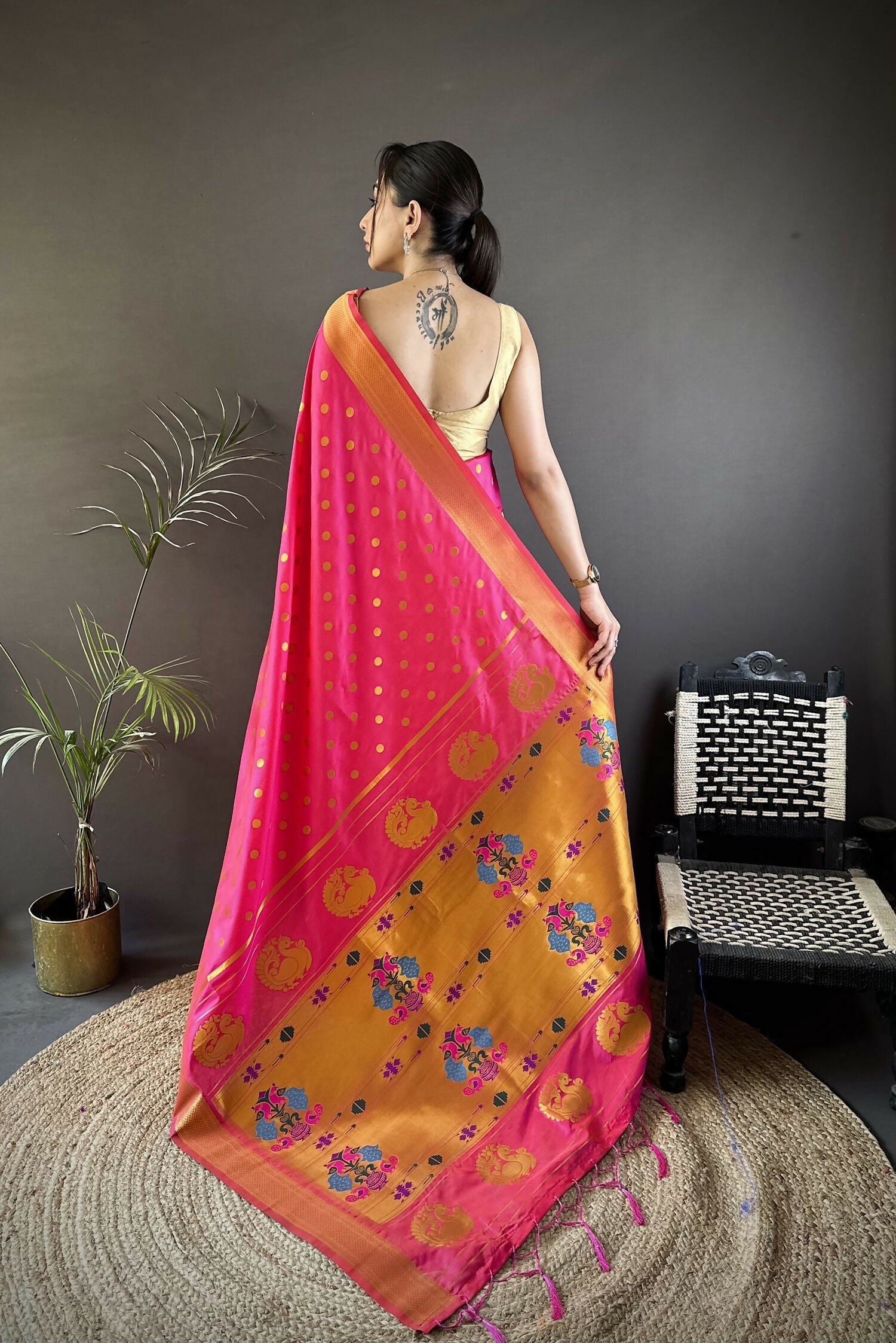 Joban Fashion Hot Pink Polka Dot Lichi Silk Paithani Silk Saree