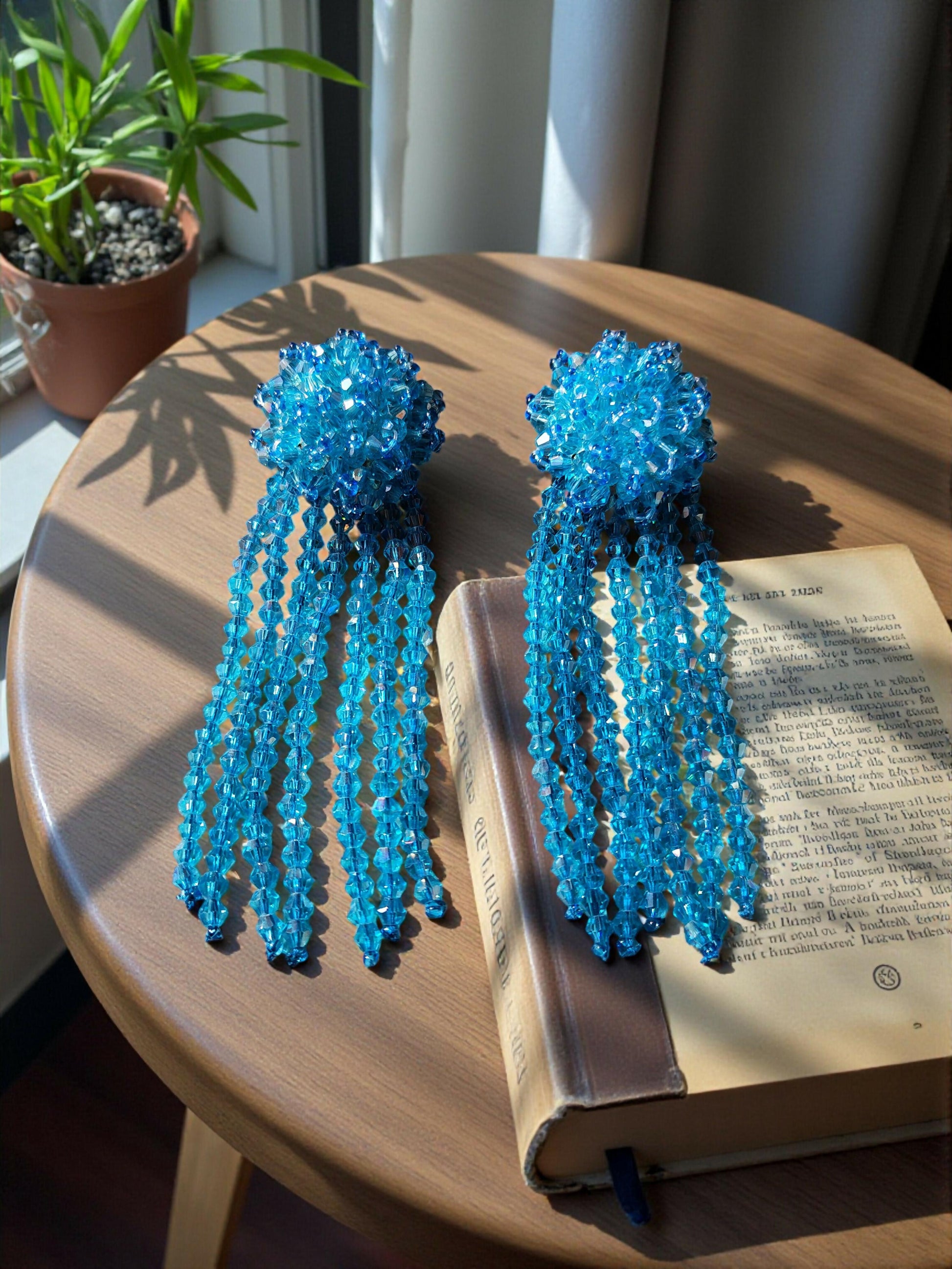 Inhanns Handmade Crystal Waterfall Earrings - Long - Sky Blue