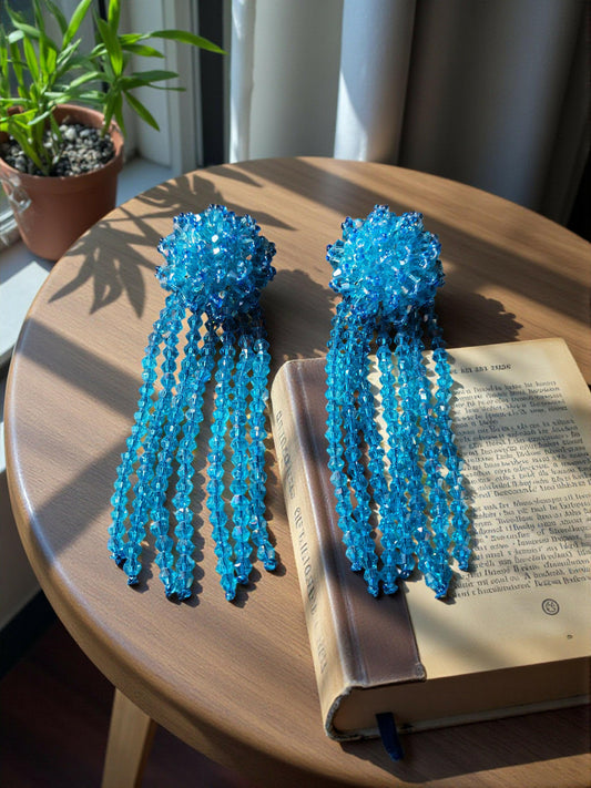 Inhanns Handmade Crystal Waterfall Earrings - Long - Sky Blue