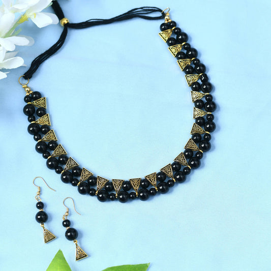 Mominos Fashion Johar Kamal Gold-Plated Brass Finish Pearls Work Choker For Women (Black) - Grab2buy
