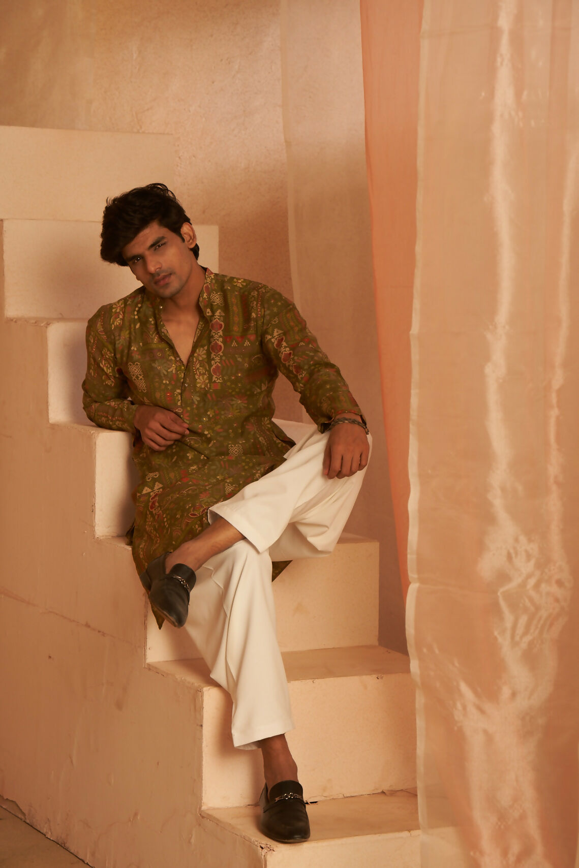 Green Modal Silk Designer Printed Men's Kurta Set - Mahotsav