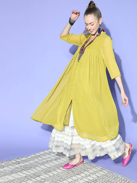 Janasya Women Elegant Mustard Woven Design Dobby Weave Kurta