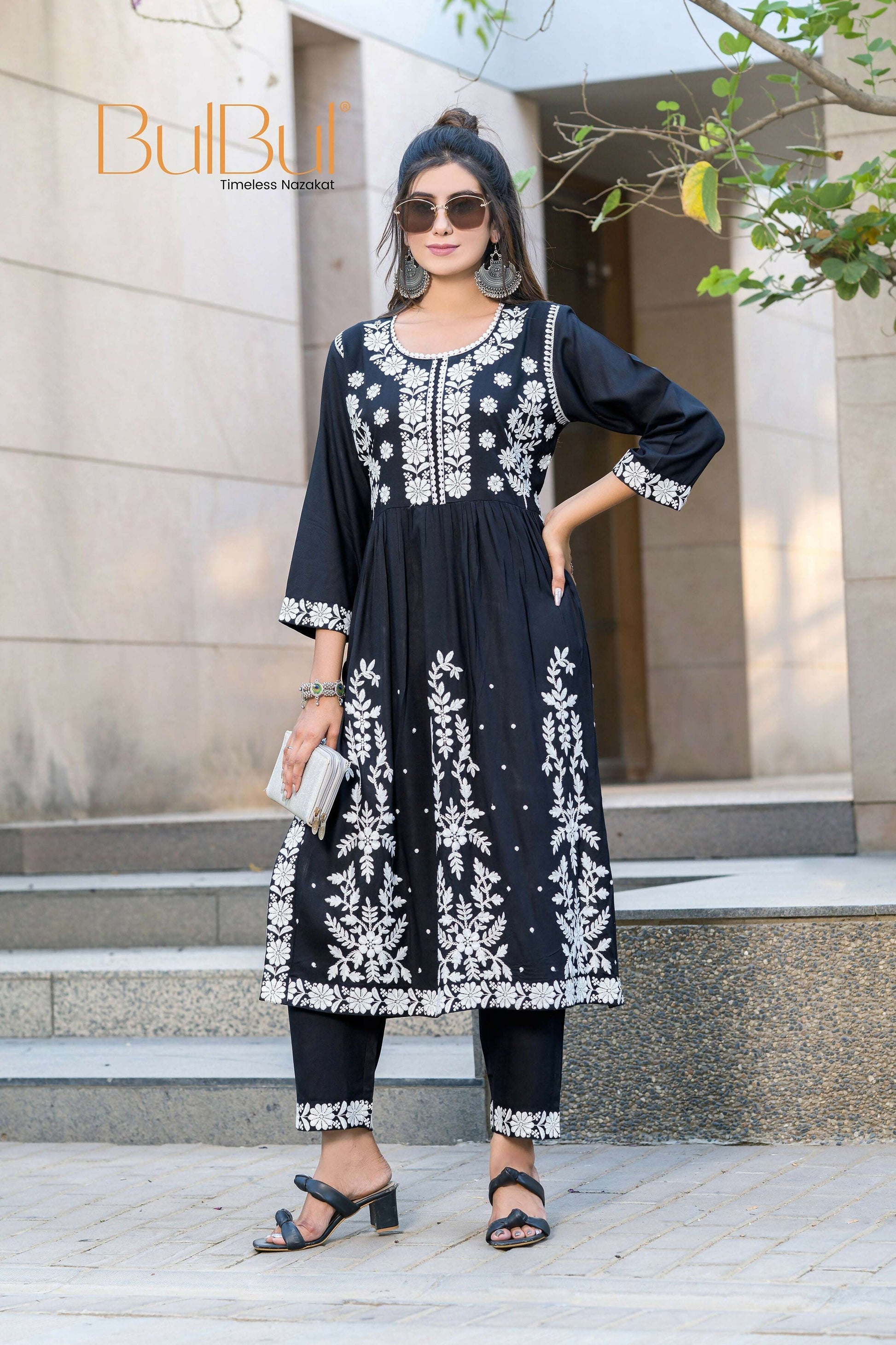 BulBul Arushi Black Rayon Kurta Set with Lucknowi Work 