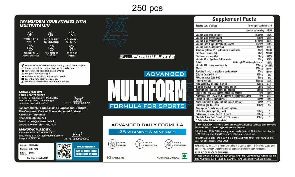 Reformulate Advanced Multiform Formula For Sports I Advanced Daily Formula I 25 Vitamins & Minerals Tablets 