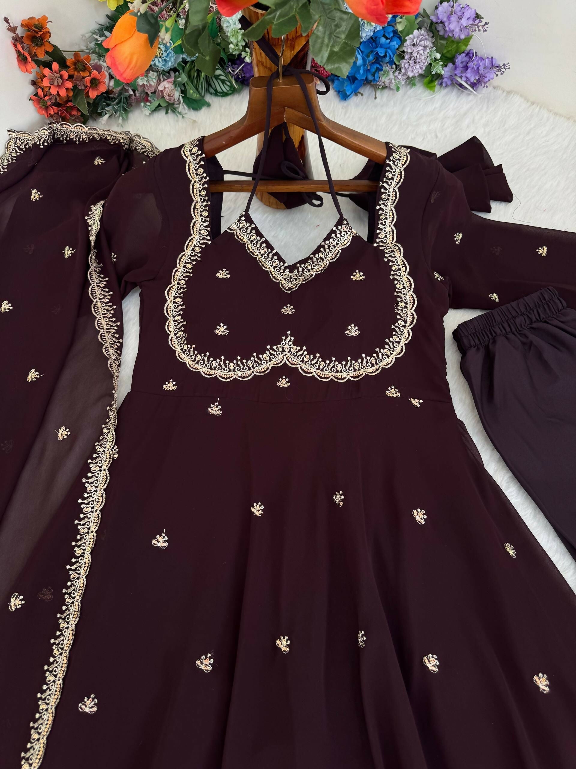 Teeya Creation Womens New Fancy Fox Georgette Heavy Quality Fabric With Handwork Brown Gown Set