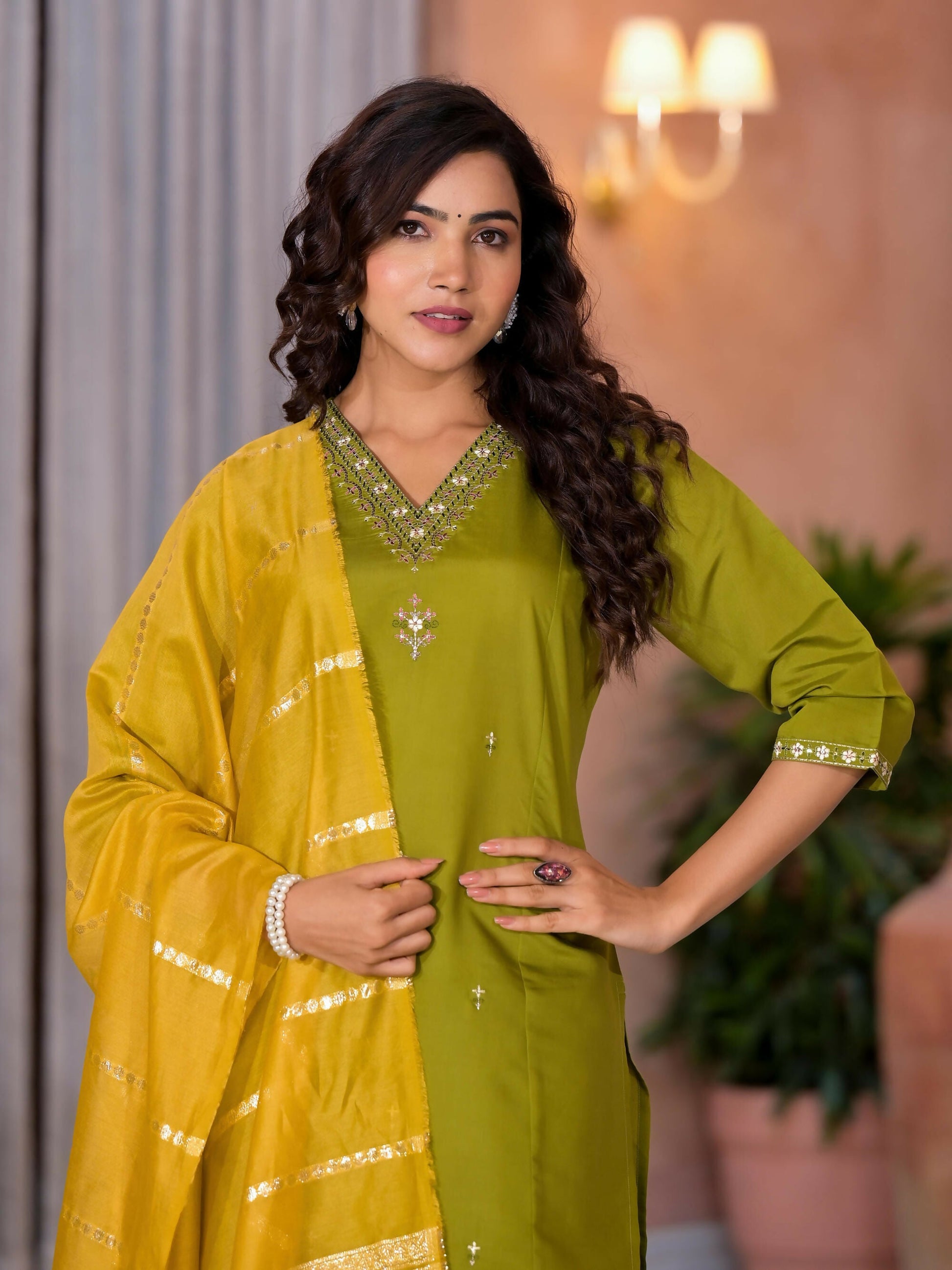 Juniper Women's Green Zari & Thread Work Embroidered Viscose Kurta Pant And Dupatta Set