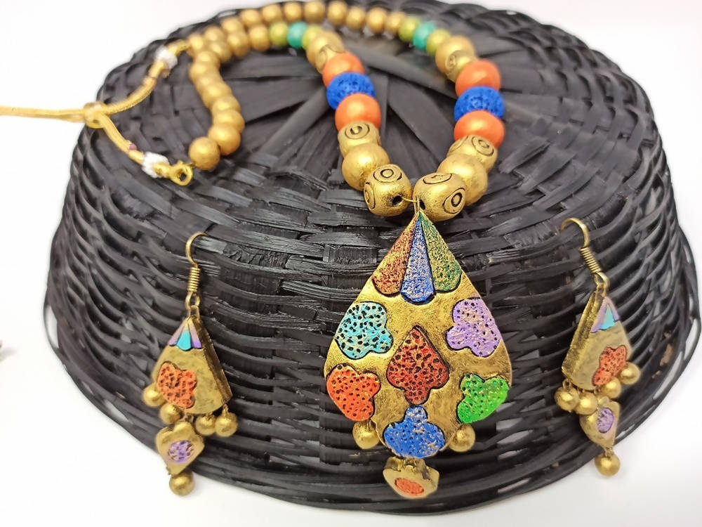 Terracotta Multi Colour Boho Style Neckset With Matching Earrings-Multi Colour