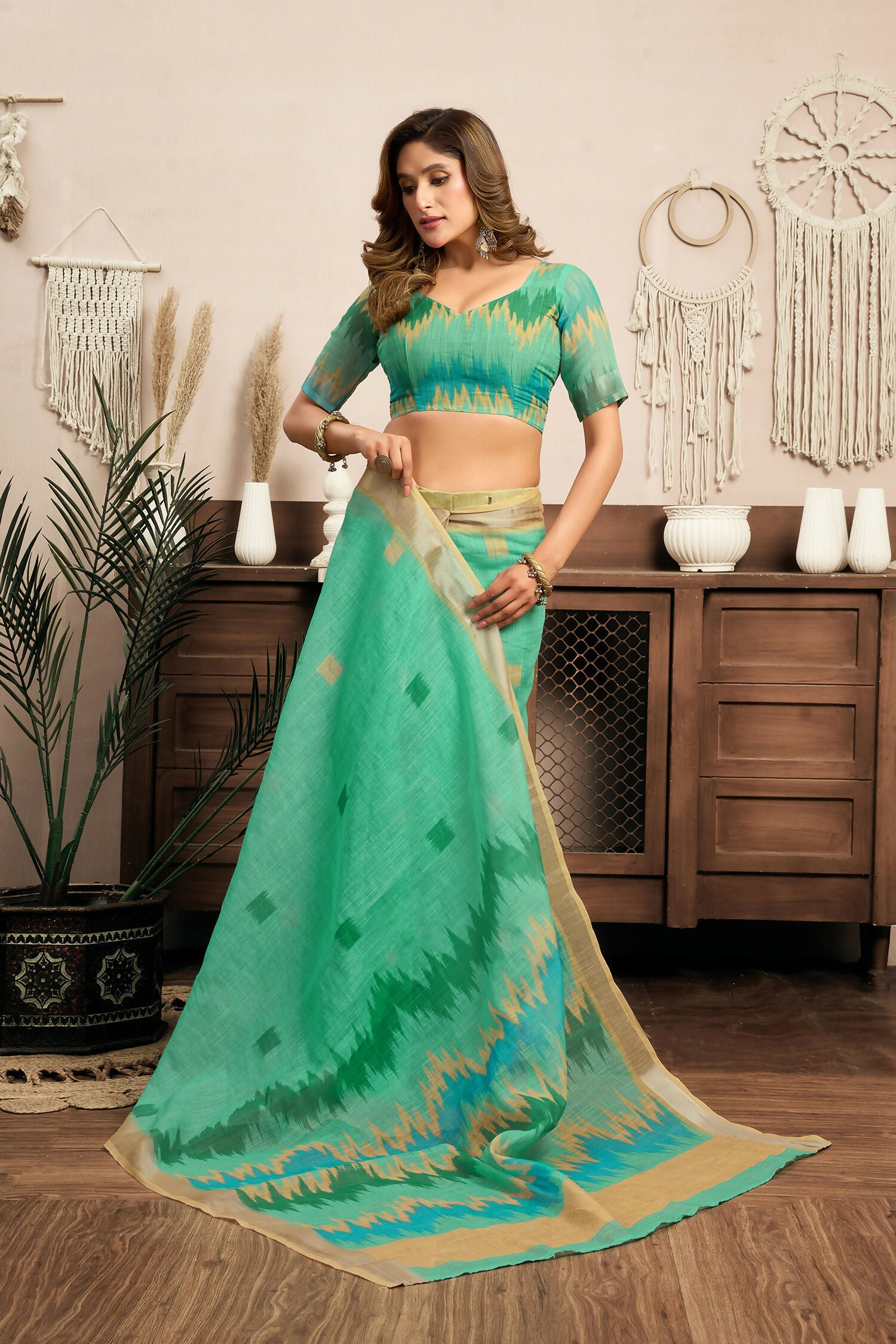 Joban Fashion Teal Green Ikkat Linen Ready To Wear Saree With Unstitched Blouse