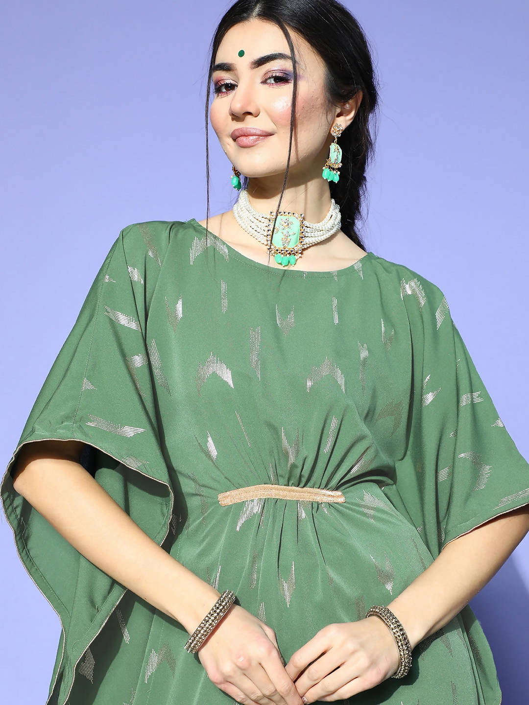 Janasya Women Green Geometric New Age Kaftan Kurta