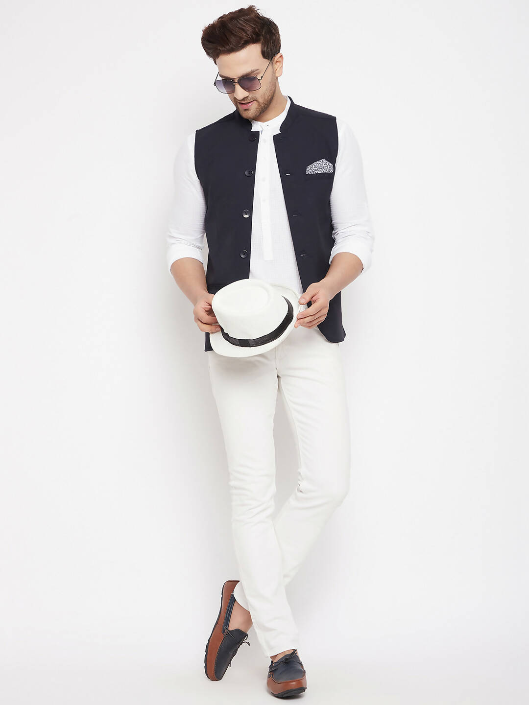 Even Apparels Navy Merino Men's Nehru Jacket-Contrast Lining-Inbuilt Pocket Square 