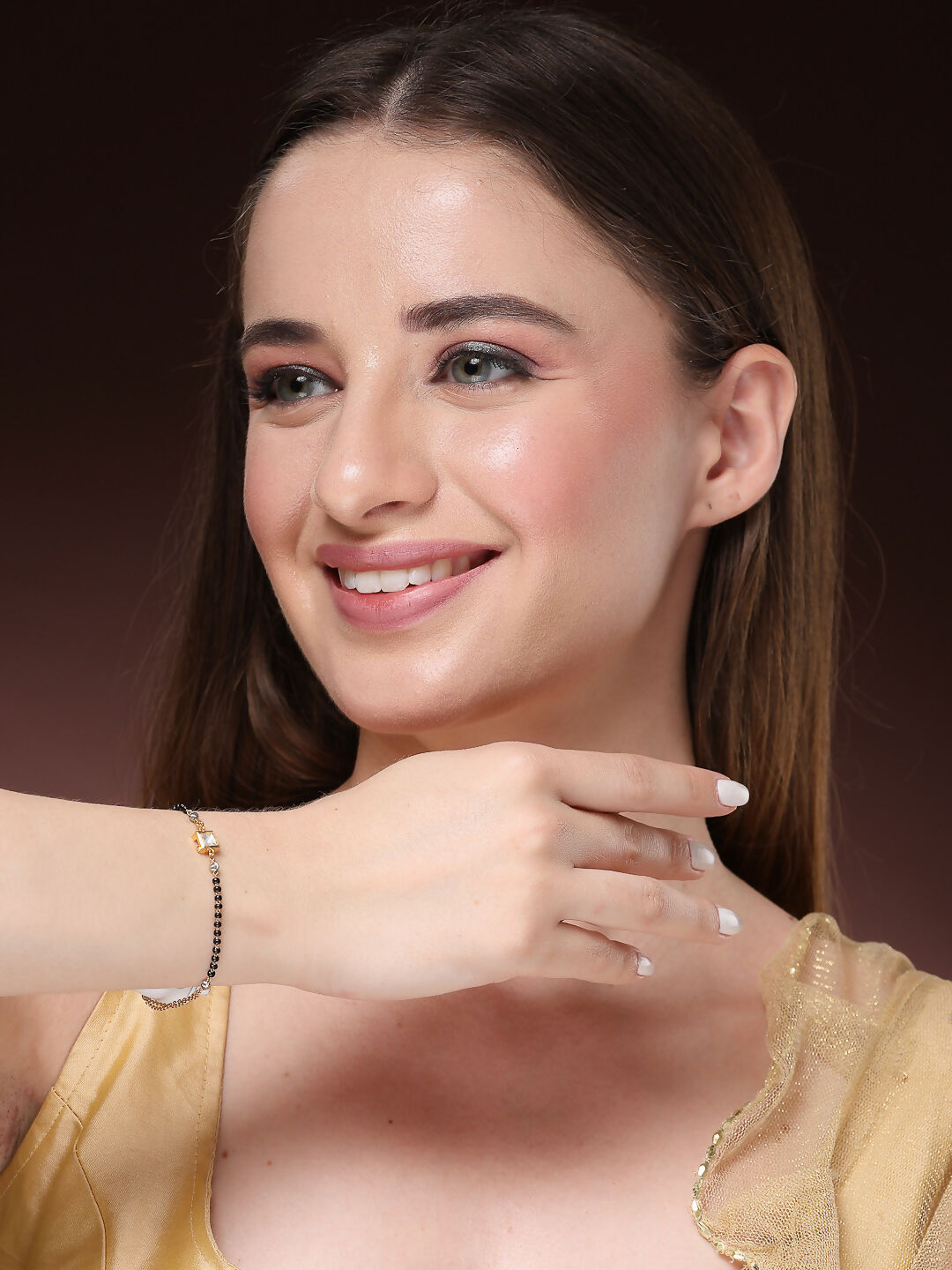 NVR Women Gold-Polished & Black Brass Stone-Studded Hand Mangalsutra Link Bracelet