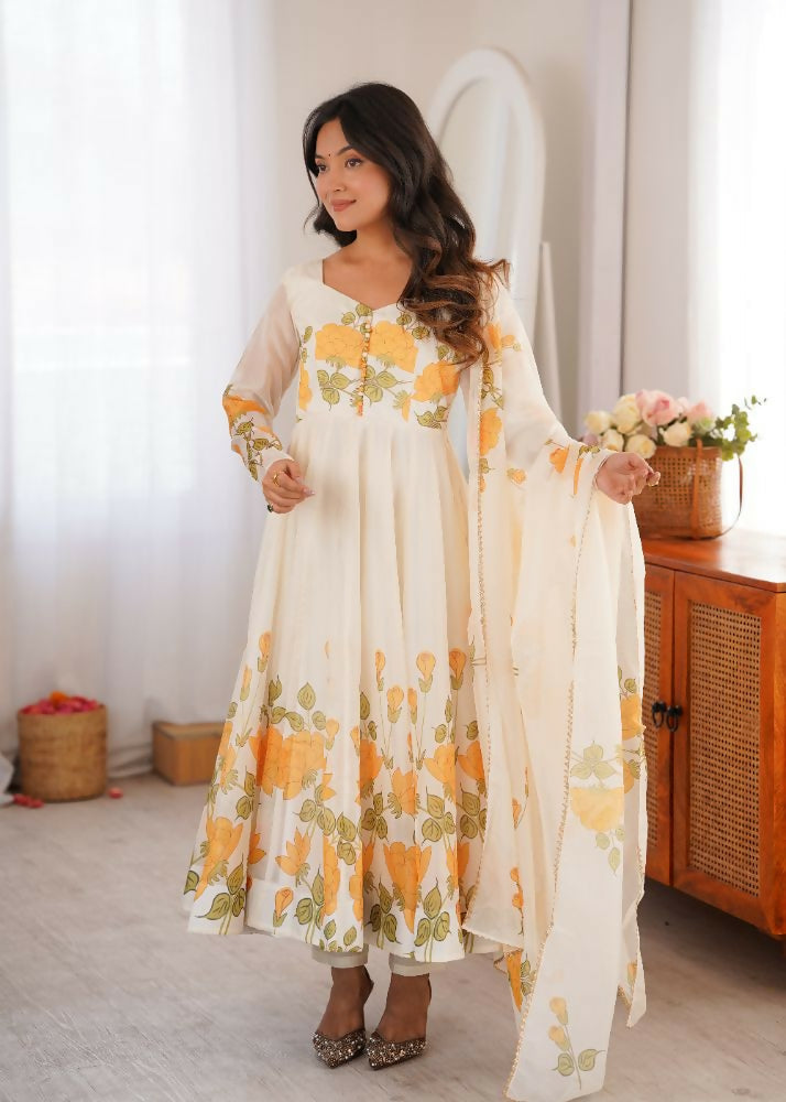 Teeya Creation Off-White Floral Anarkali Salwar Kameez Suit Set