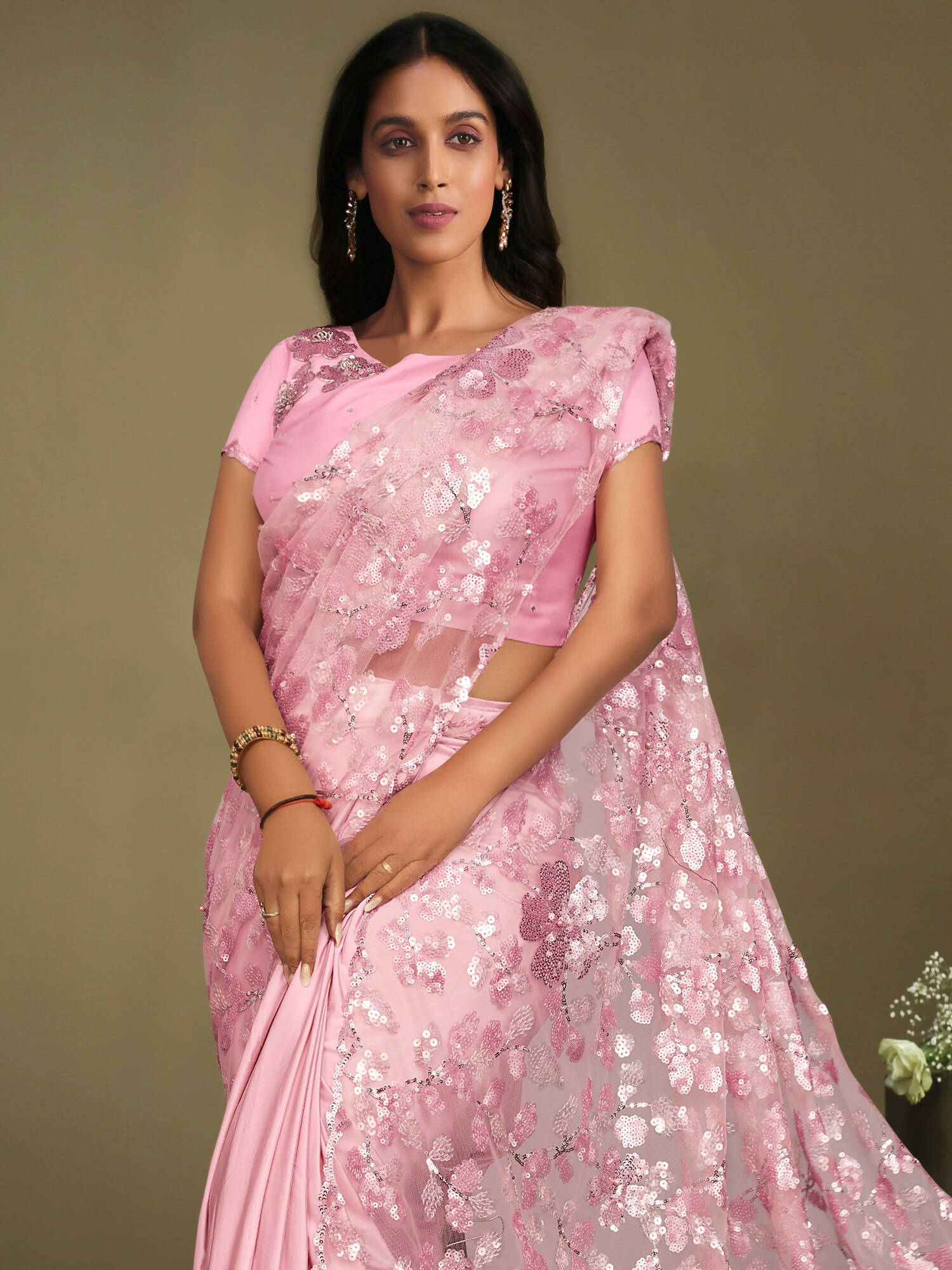 Pink Crepe Lycra Sequence Embroidered Saree With Stitched Blouse - Mohmanthan La Belle
