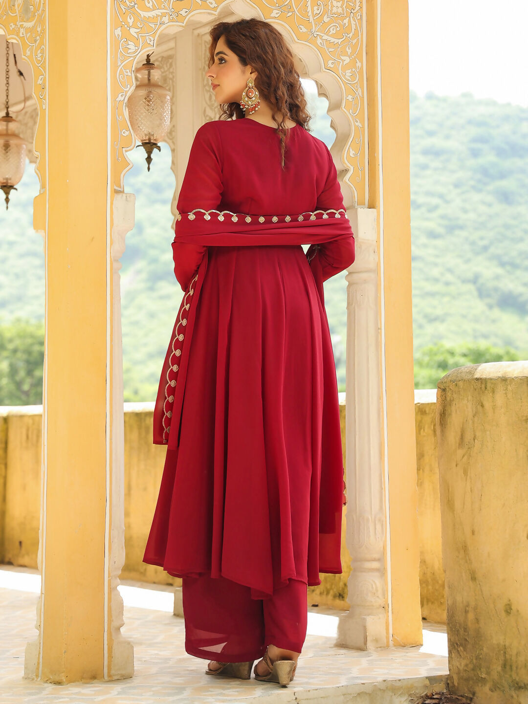 Janasya Maroon Georgette Embroidered Kurta,Bottom & Dupatta 