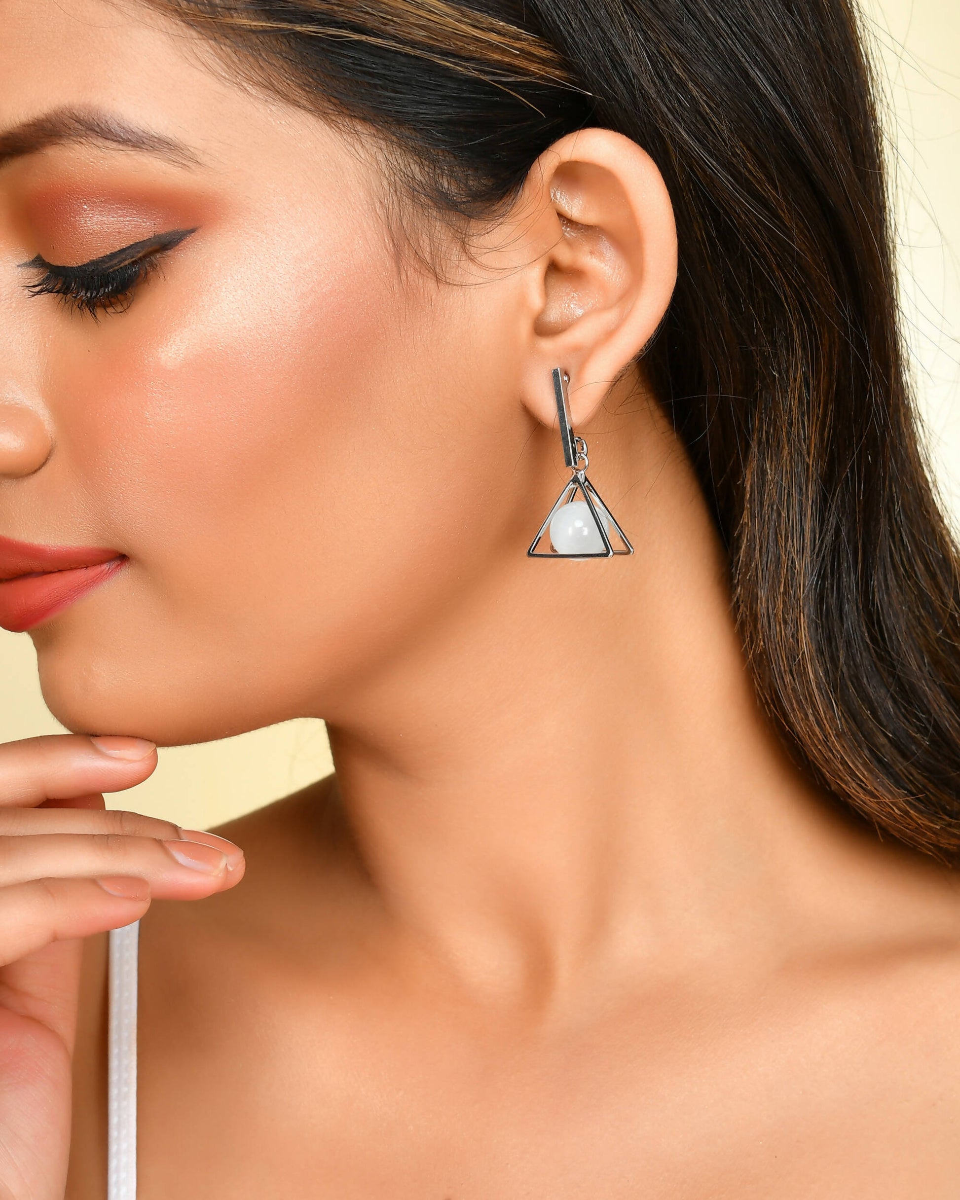 VOJ Women Sliver Triangle with Pearl Stainless Steel Stud Earrings - Grab2buy