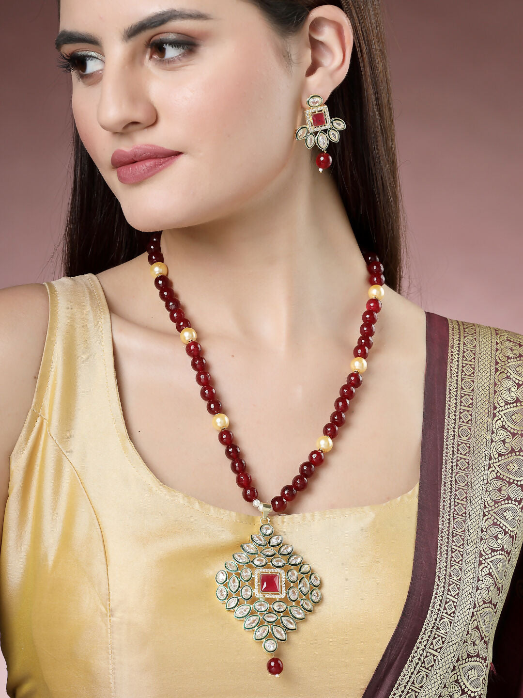 NVR Women's Red Kundan-Studded & Beaded Handcrafted Jewellery Set - Grab2buy