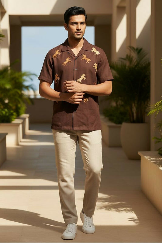Galloping — Brown Horse Embroidered Cotton Shirt by Hilo Design