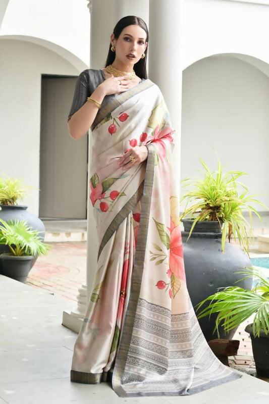 Vishnu Weaves Women's Grey Satin Silk Printed Saree with Blouse