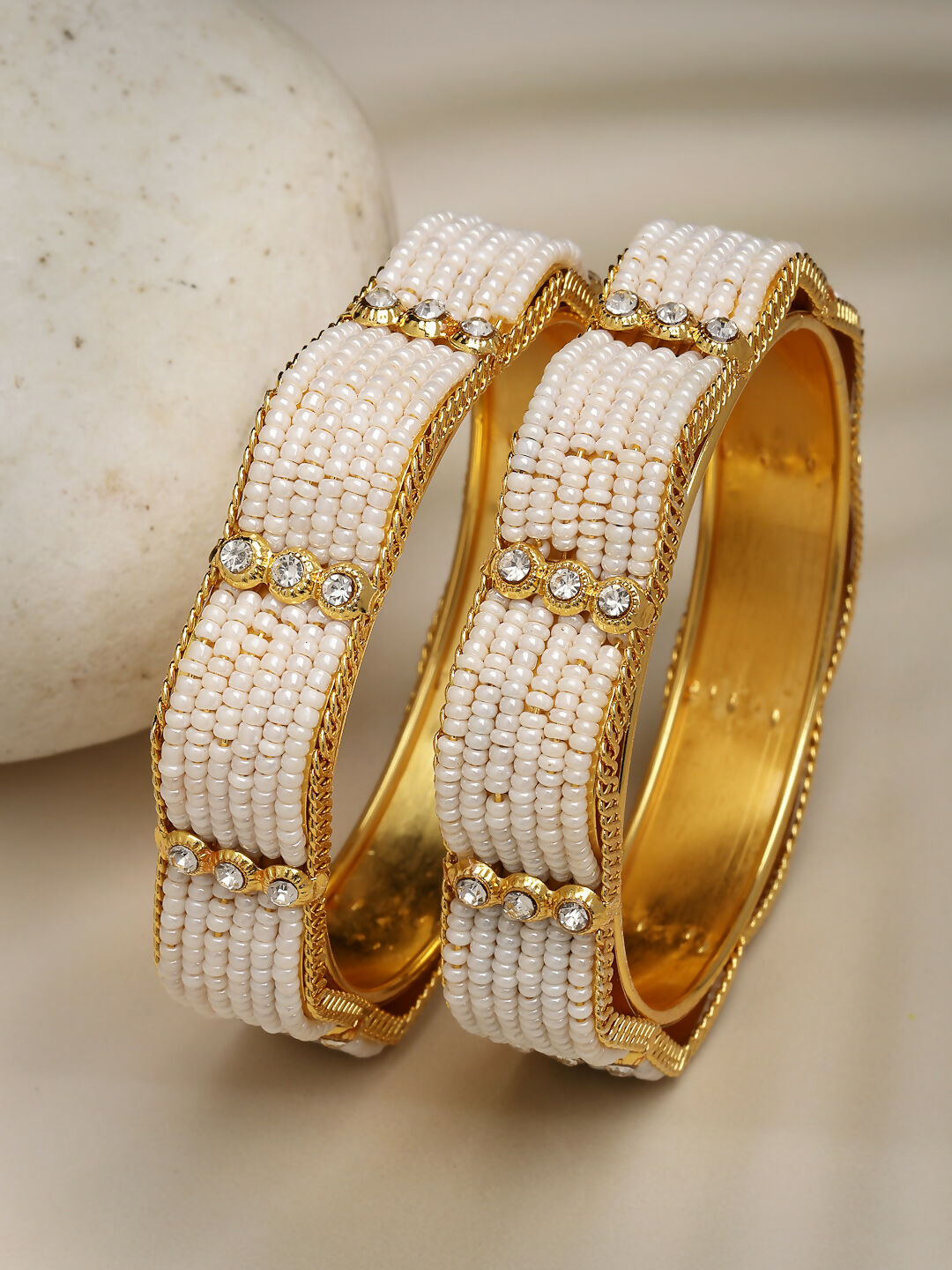 NVR Women's Set of 2 Gold-Polished Pearl Handcrafted Traditional Bangles 
