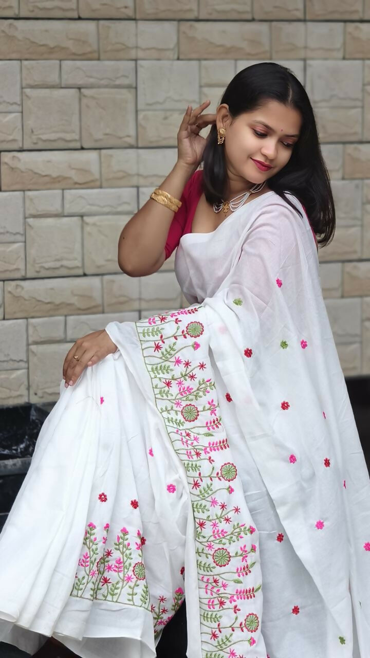Exclusive Collection White Pure Cotton Handloom Embroidered Grab2Buy 