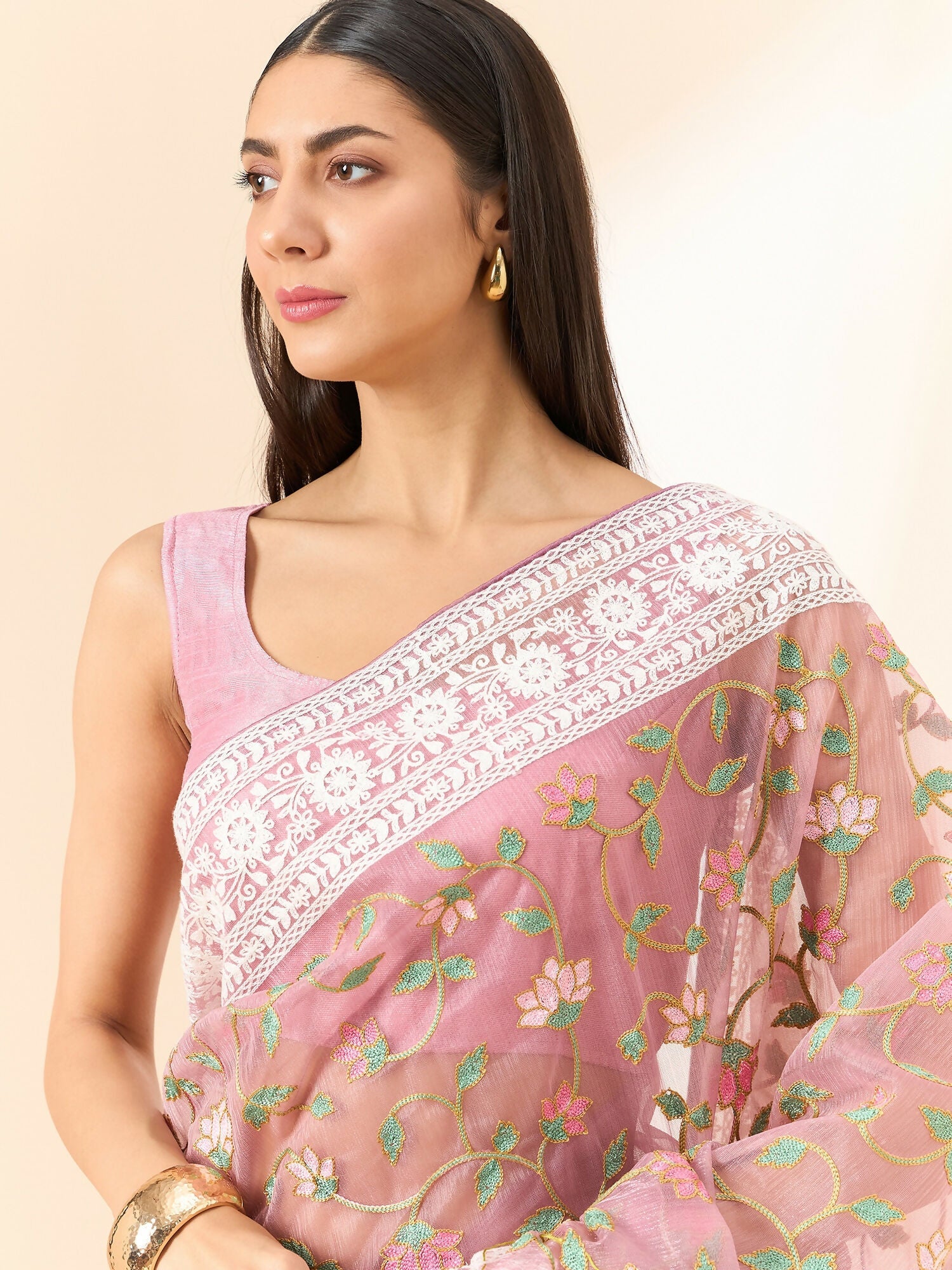 Pink Organza Floral Embroidered Saree with Unstitched Blouse Piece - Roozal