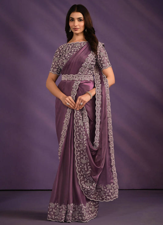 Light Purple Crepe Satin Silk Embroidered Saree With Stitched Blouse - Mohmanthan Exotica