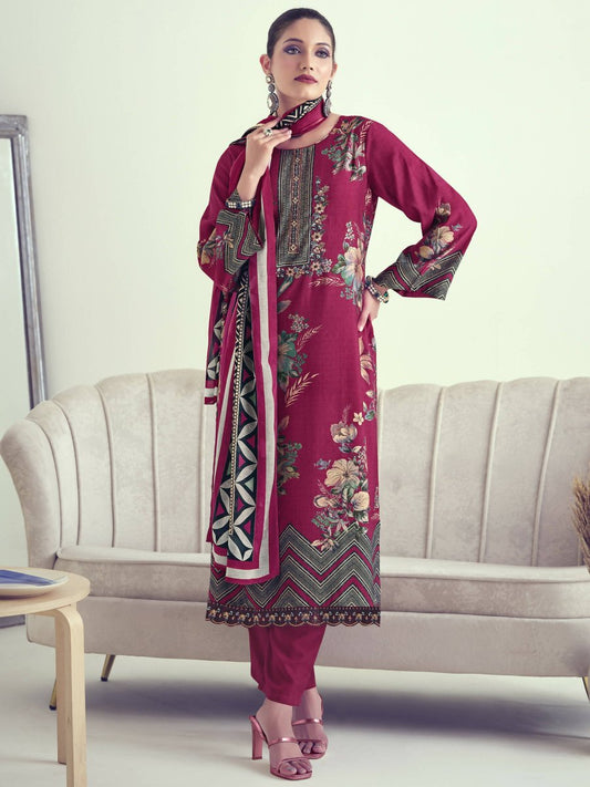 Aastha Fashion Women's Magenta Muslin Floral Digital Print with Resham Thread work Kurta with Trouser & Dupatta - Grab2buy