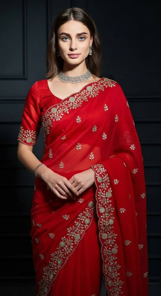 Joban Fashion Red Fandy Satin Silk Party Wear Sarees