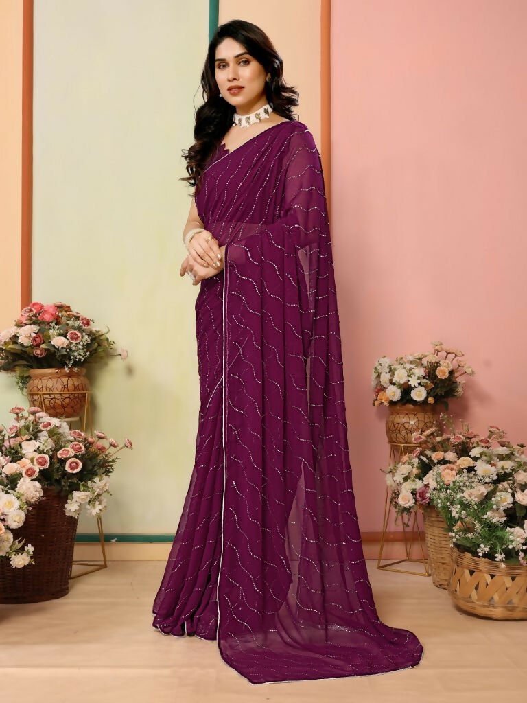 Aafreen Partywear Designer Wine Georgette Fancy Saree