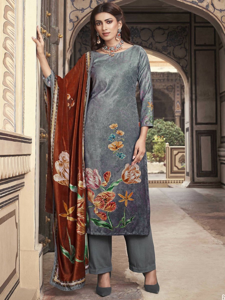 Aastha Fashion Women's Grey Velvet Floral Digital Printed Kurta with Trouser & Dupatta - Grab2buy