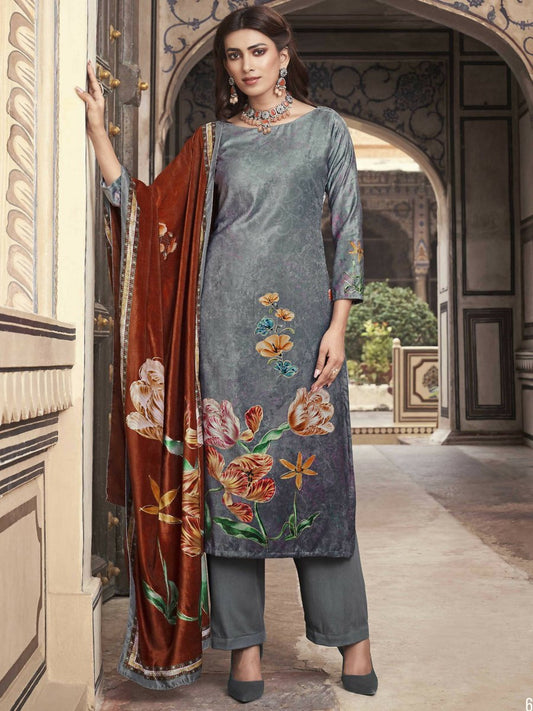 Aastha Fashion Women's Grey Velvet Floral Digital Printed Kurta with Trouser & Dupatta - Grab2buy