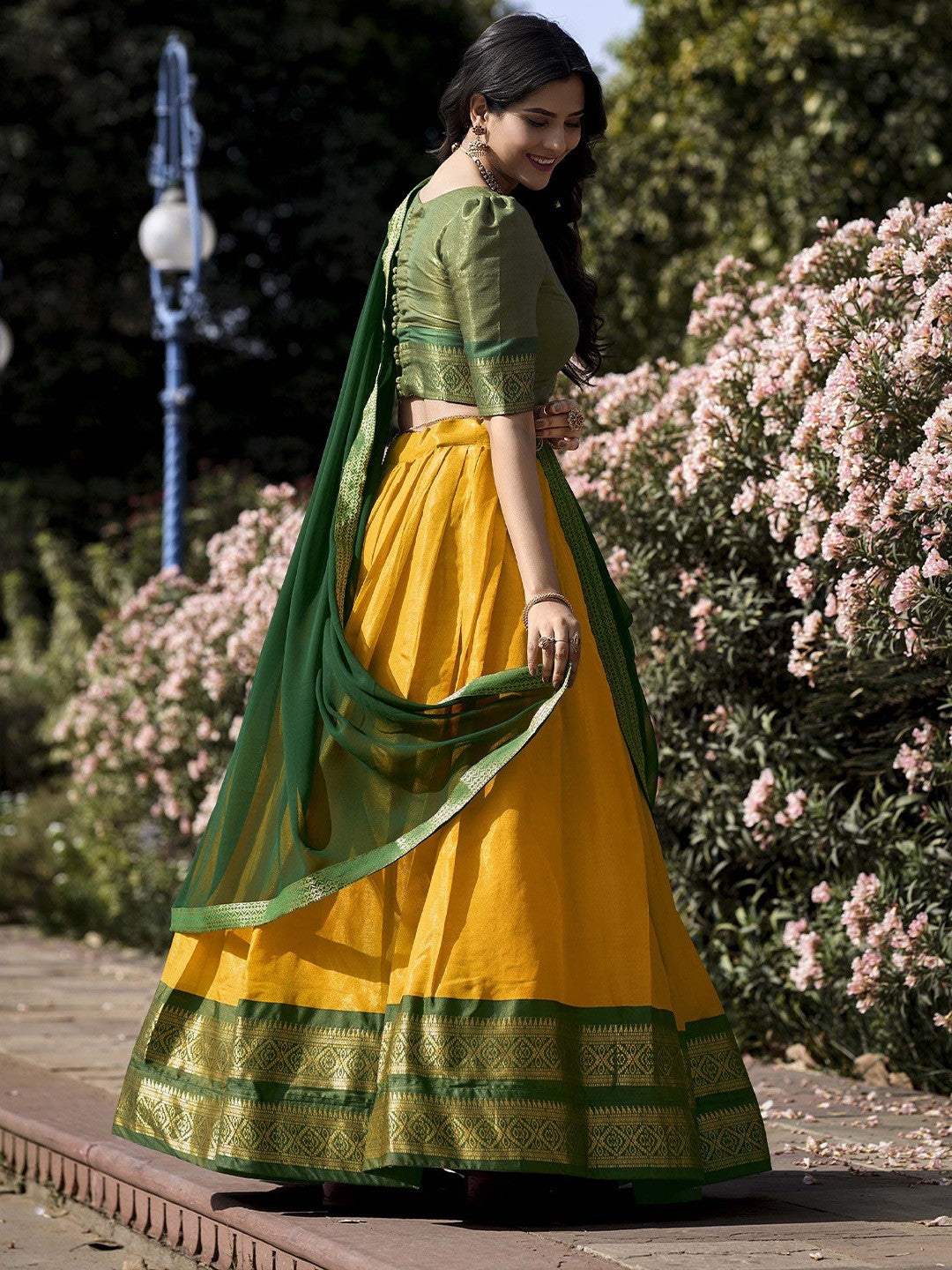 Lorenvalley Yellow Kanchipuram Zari Weaving Work Lehenga Choli with Dupatta 