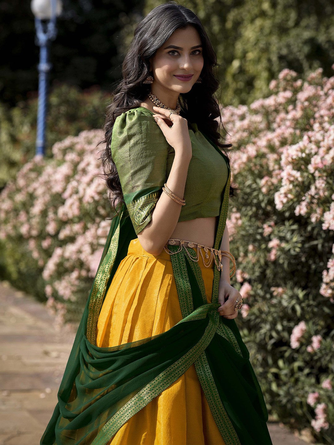Lorenvalley Yellow Kanchipuram Zari Weaving Work Lehenga Choli with Dupatta 
