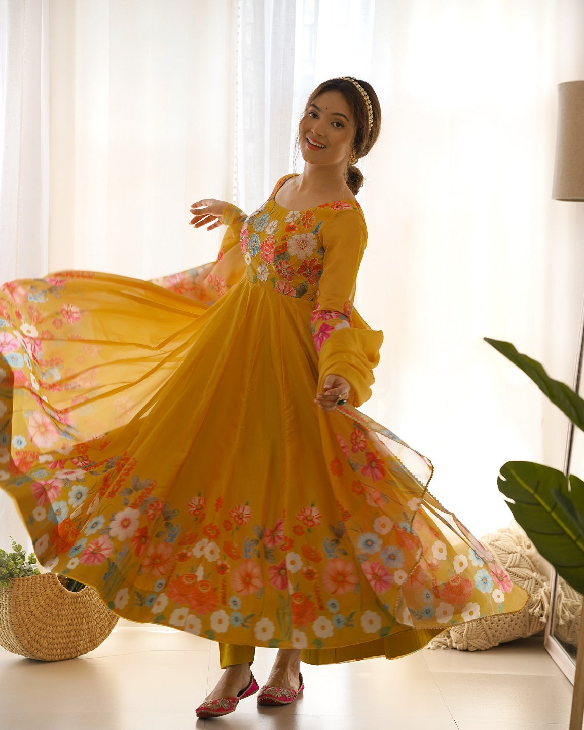 Evanik Yellow Soft Organza Silk With Floral Print Fully Flared Anarkali Pant With Dupatta Set