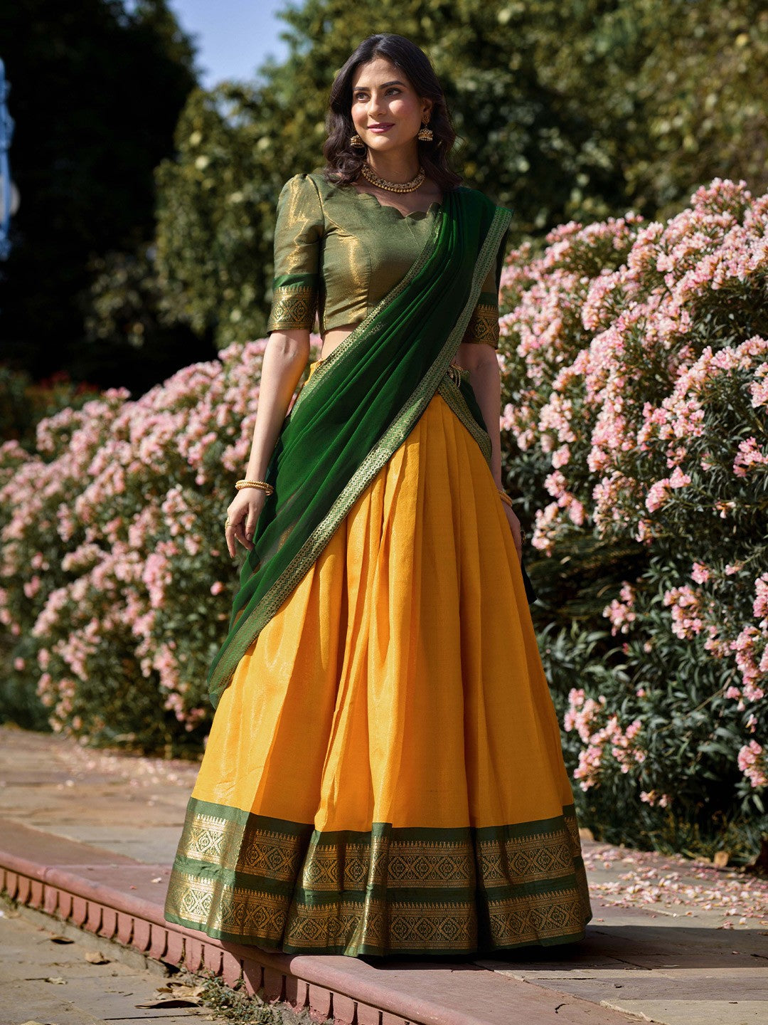 Lorenvalley Yellow Kanchipuram Zari Weaving Work Lehenga Choli with Dupatta 