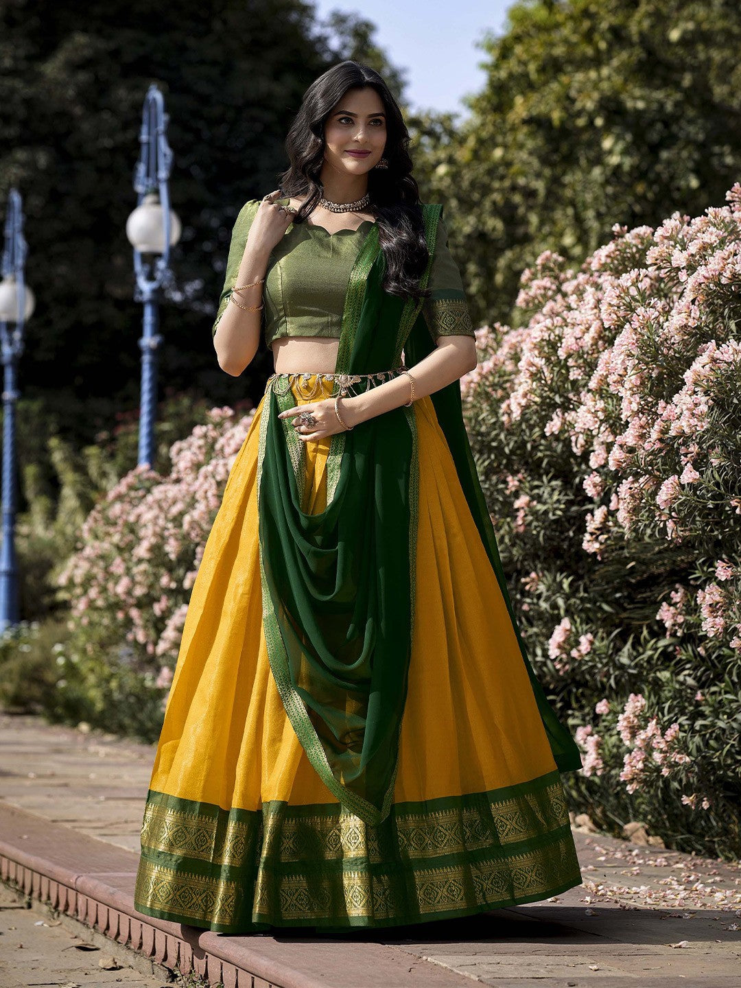 Lorenvalley Yellow Kanchipuram Zari Weaving Work Lehenga Choli with Dupatta 