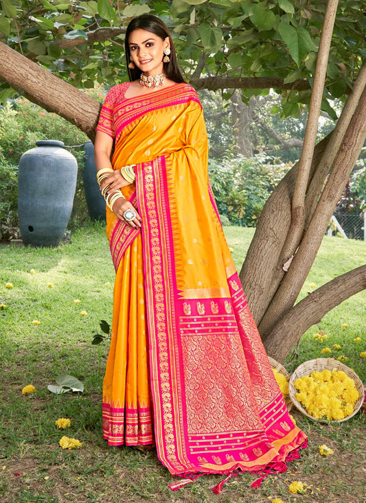 Anaita Yellow Silk Saree With Blouse Piece