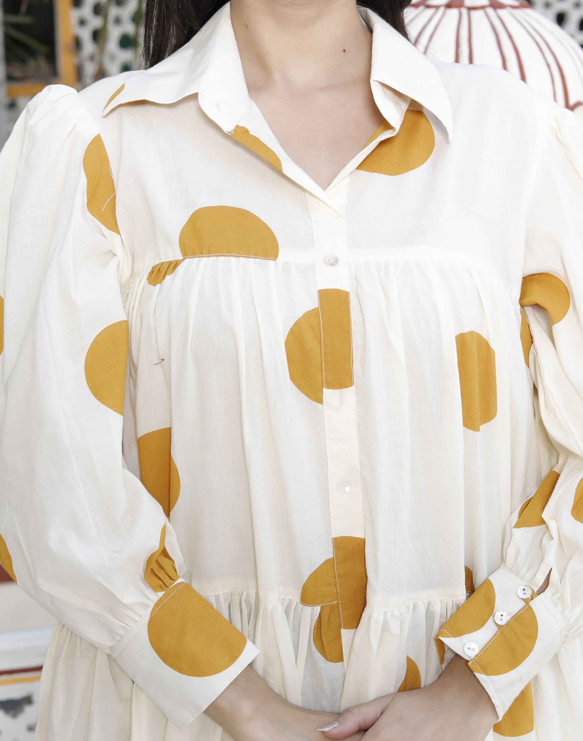 Miravan Women's Polka Dot Printed Pure Cotton Yellow Loose Fit A-Line Tiered Dress