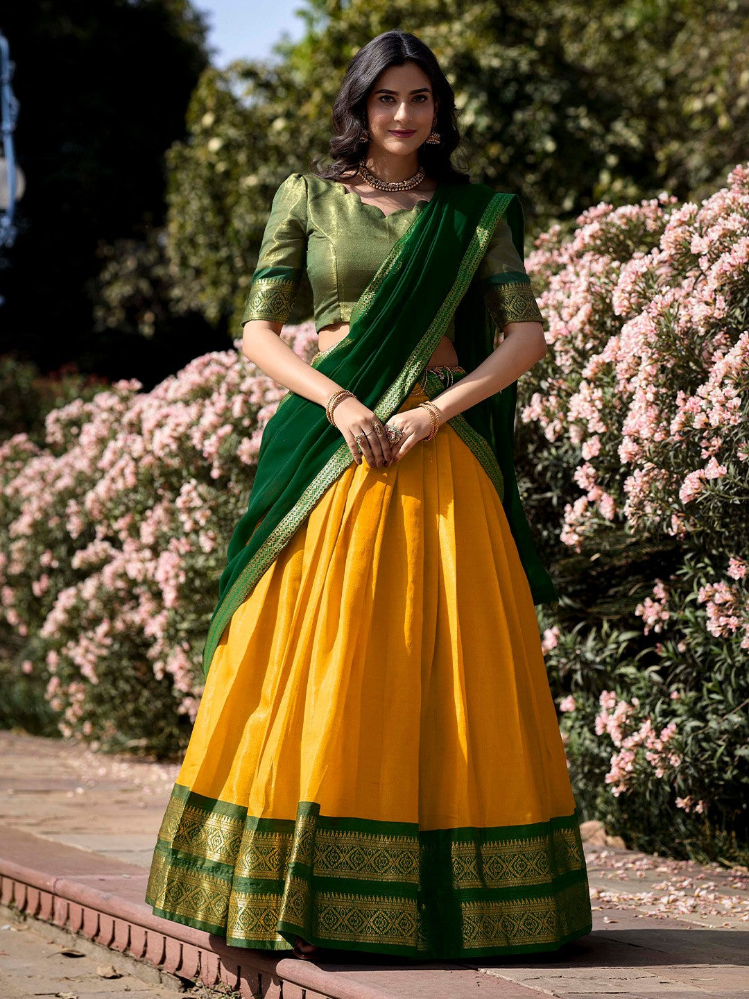 Lorenvalley Yellow Kanchipuram Zari Weaving Work Lehenga Choli with Dupatta 