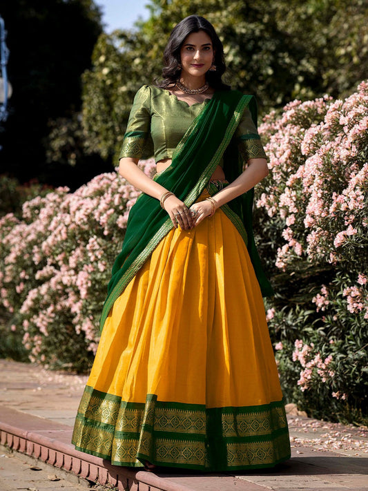 Lorenvalley Yellow Kanchipuram Zari Weaving Work Lehenga Choli with Dupatta 