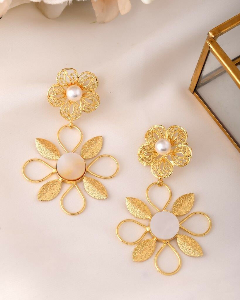 VOJ Gold-Polished Pearl Studded Flower Shaped Drop Earrings | Grab2Buy