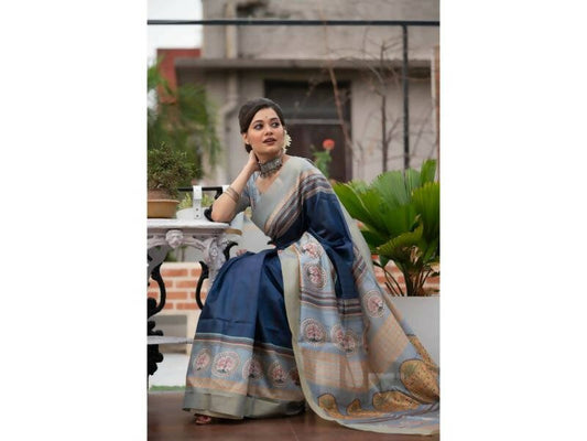 Aastha Fashion Women's Navy Blue Tussar Silk Digital Printed Saree with Blouse - Grab2buy
