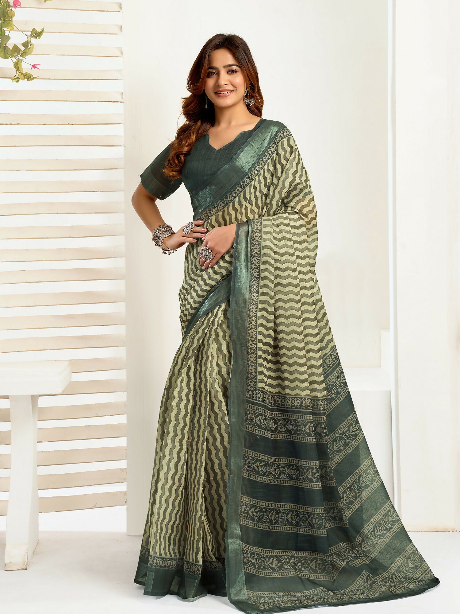 Joban Fashion Cream Zig Zag & Chevron Linen Ready To Wear Saree With Unstitched Blouse