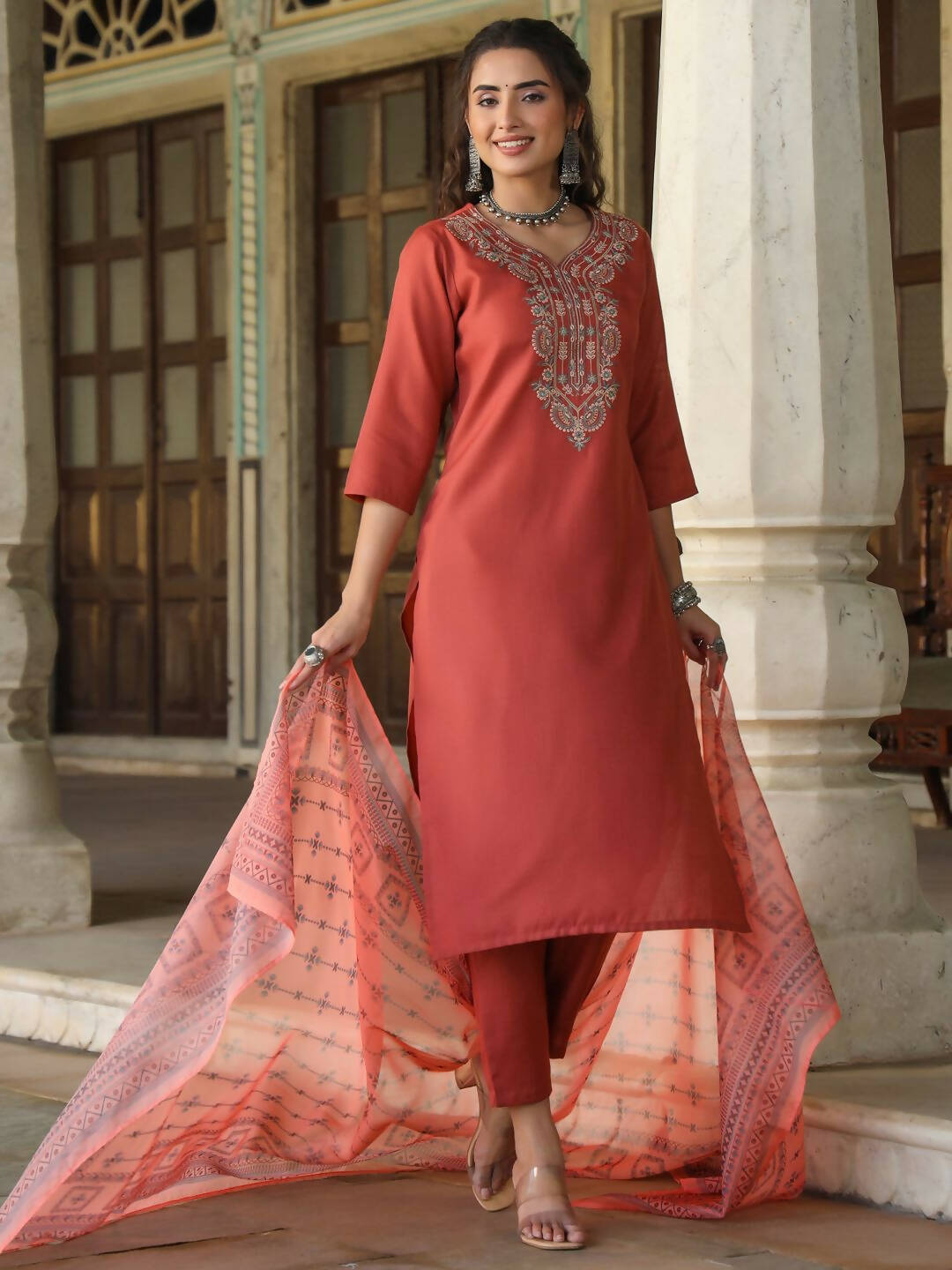 Juniper Women's Rust Silk Solid Embroidered Kurta Set