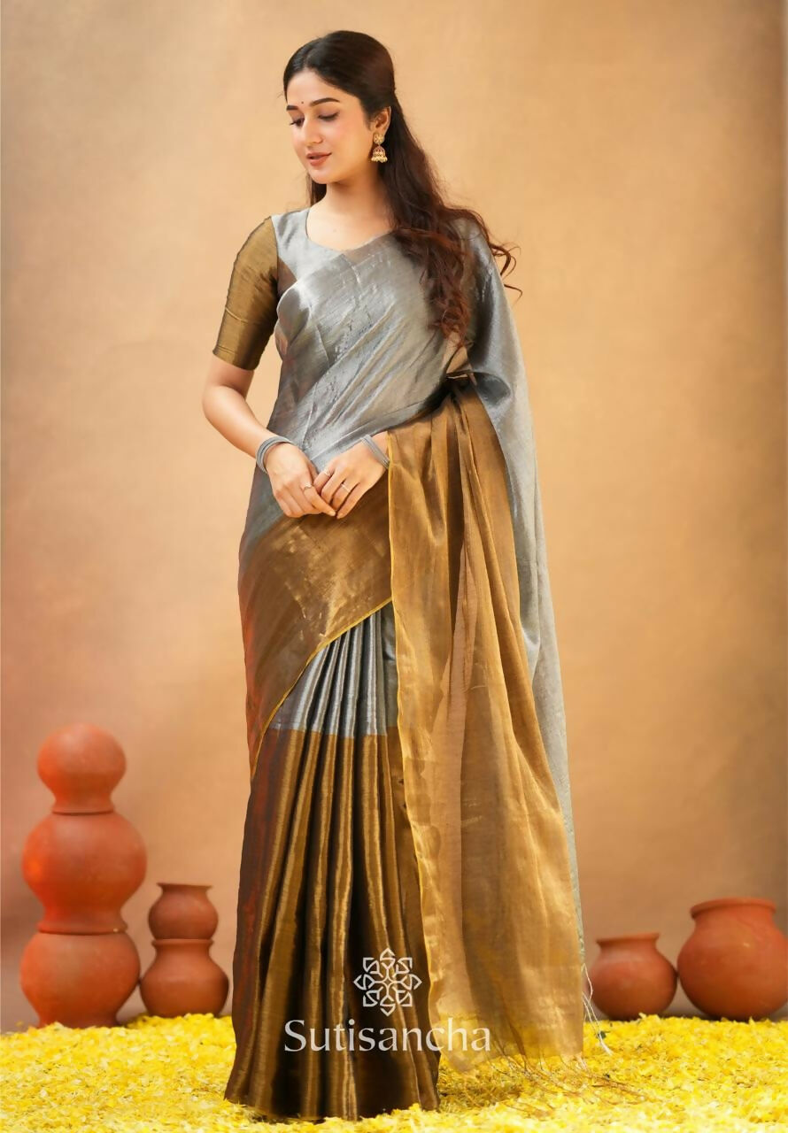 Exclusive Collection Beautiful Gray Copper Tissue Silk Hand Weaving Handloom Grab2Buy With Running Blouse Piece 
