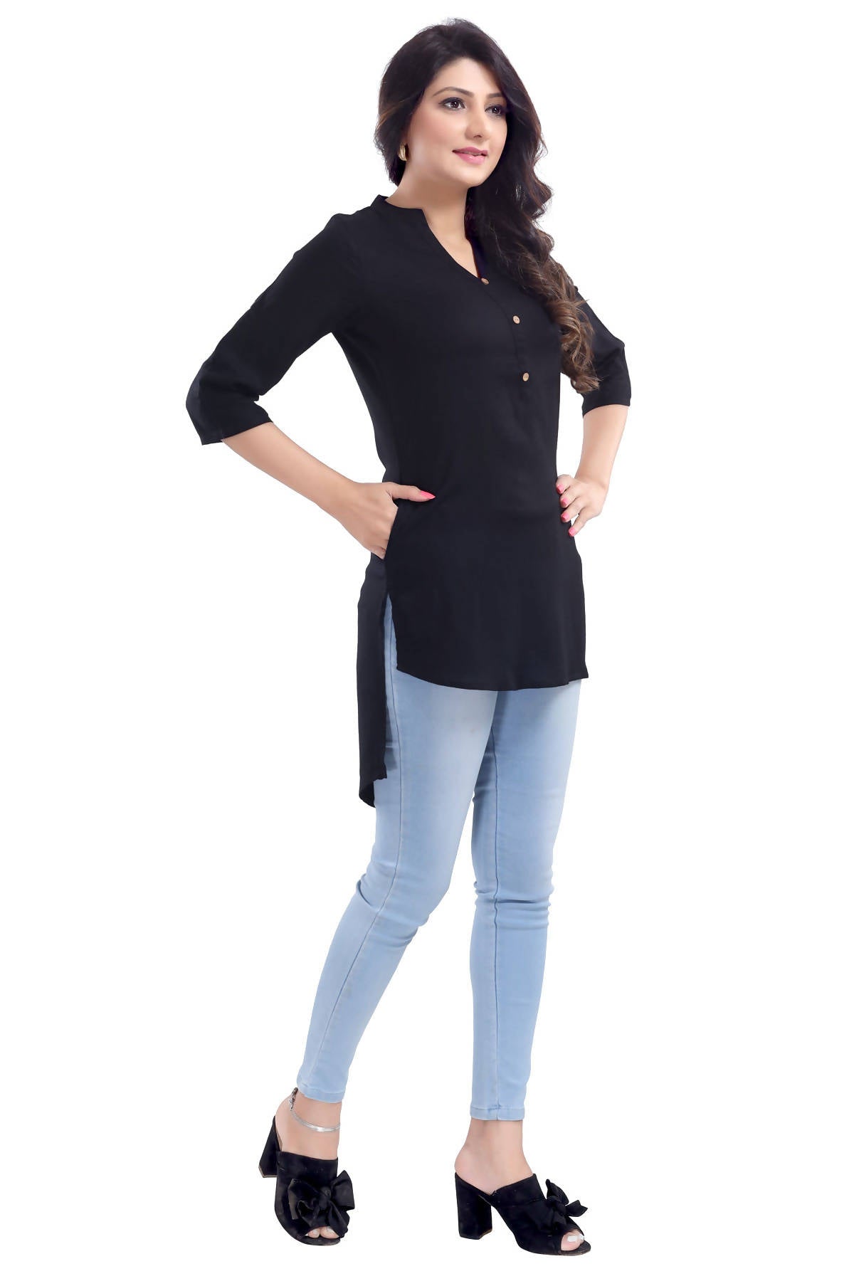 Snehal Creations Beauteous Black Button Down Styled Rayon Kurti For Women