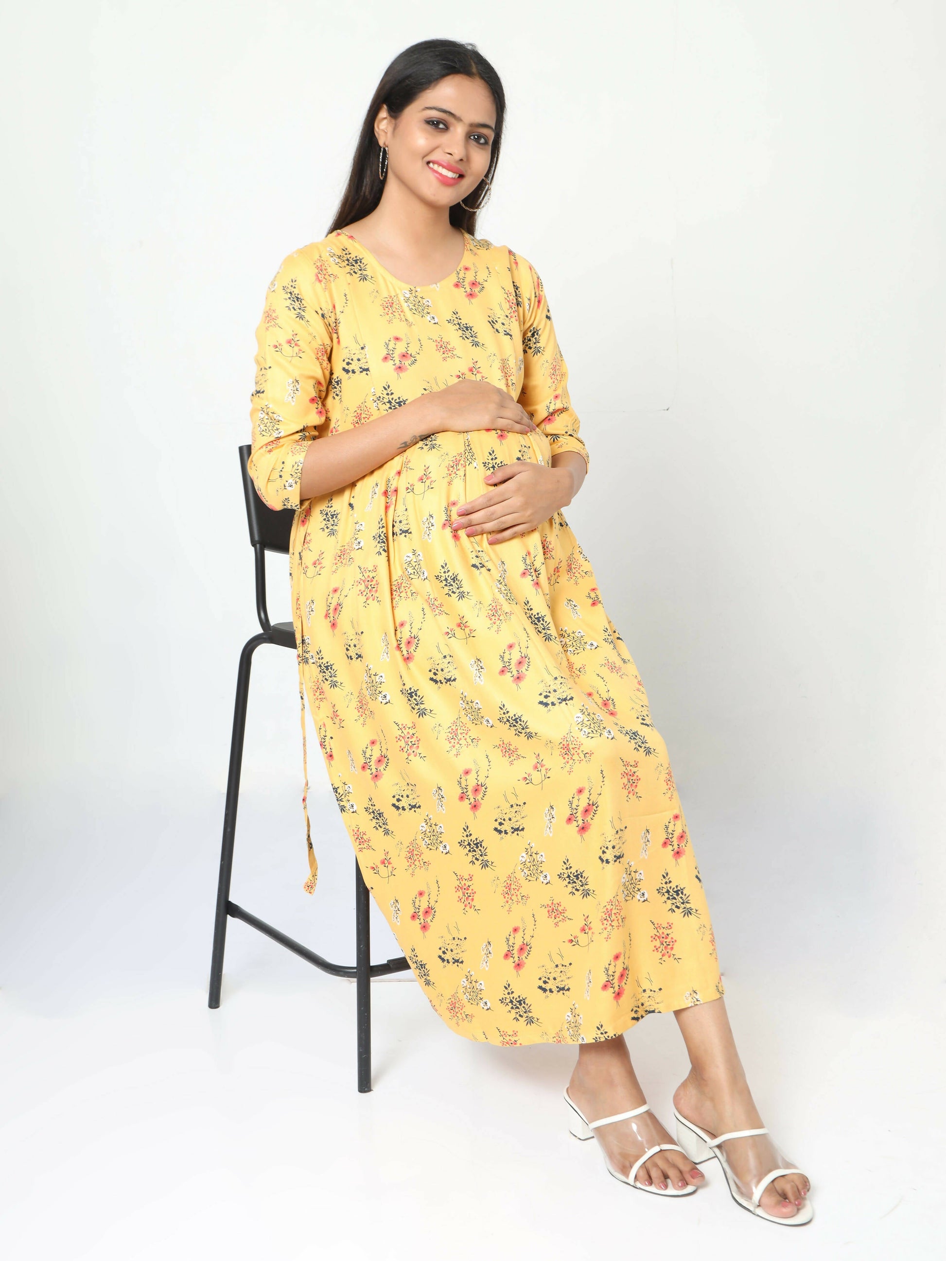 Manet Three Fourth Maternity Dress Floral Print With Concealed Zipper Nursing Access - Yellow