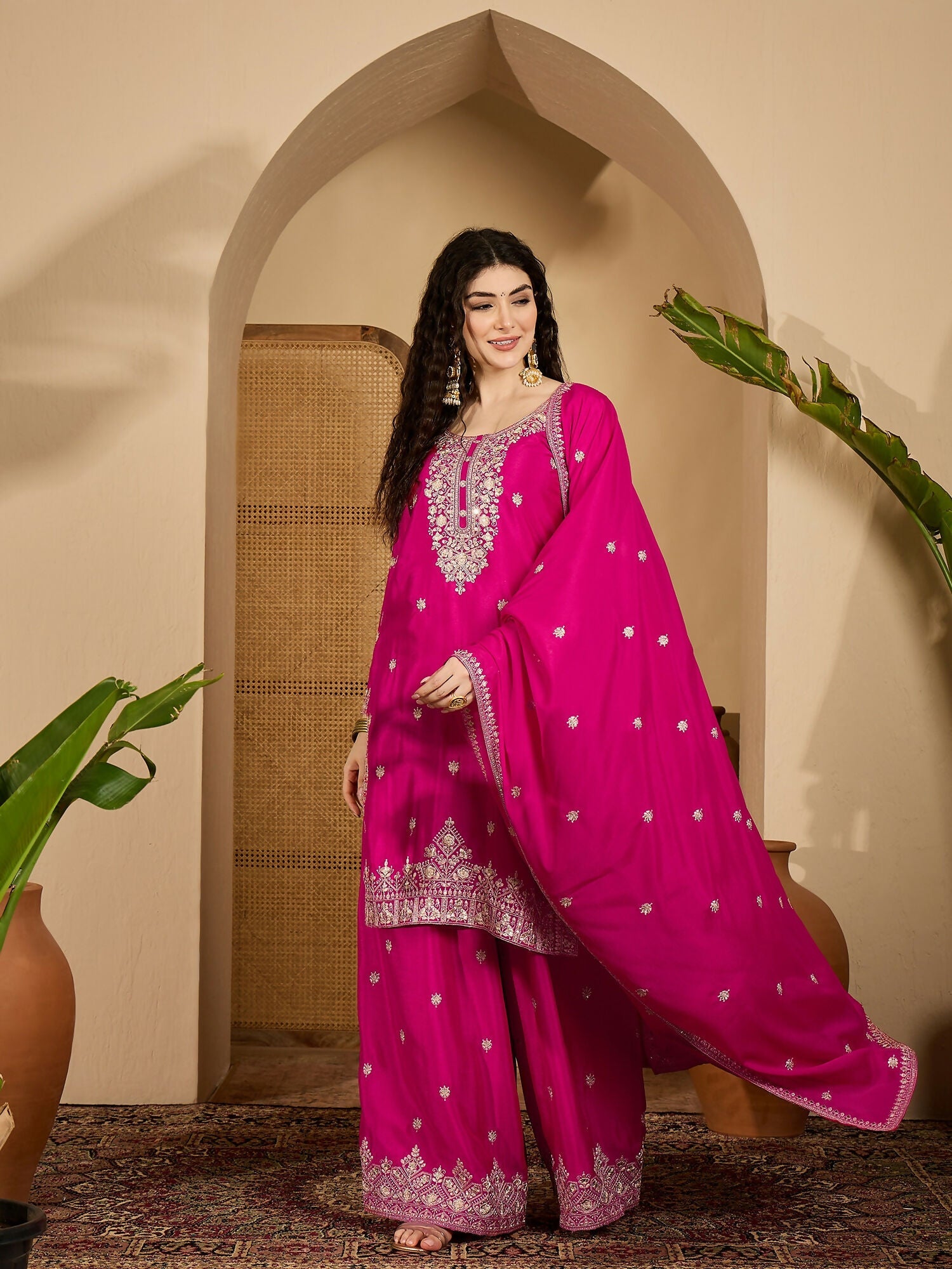 Joban Fashion Embroidery Pink Chinon Silk Kurta Set