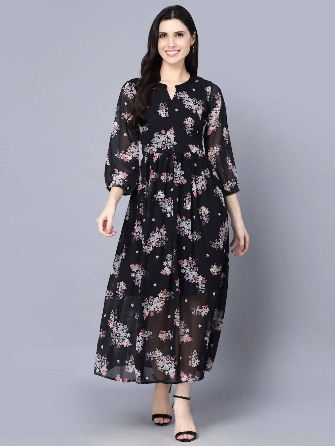 Myshka Black Floral Keyhole Neck Georgette Maxi Dress