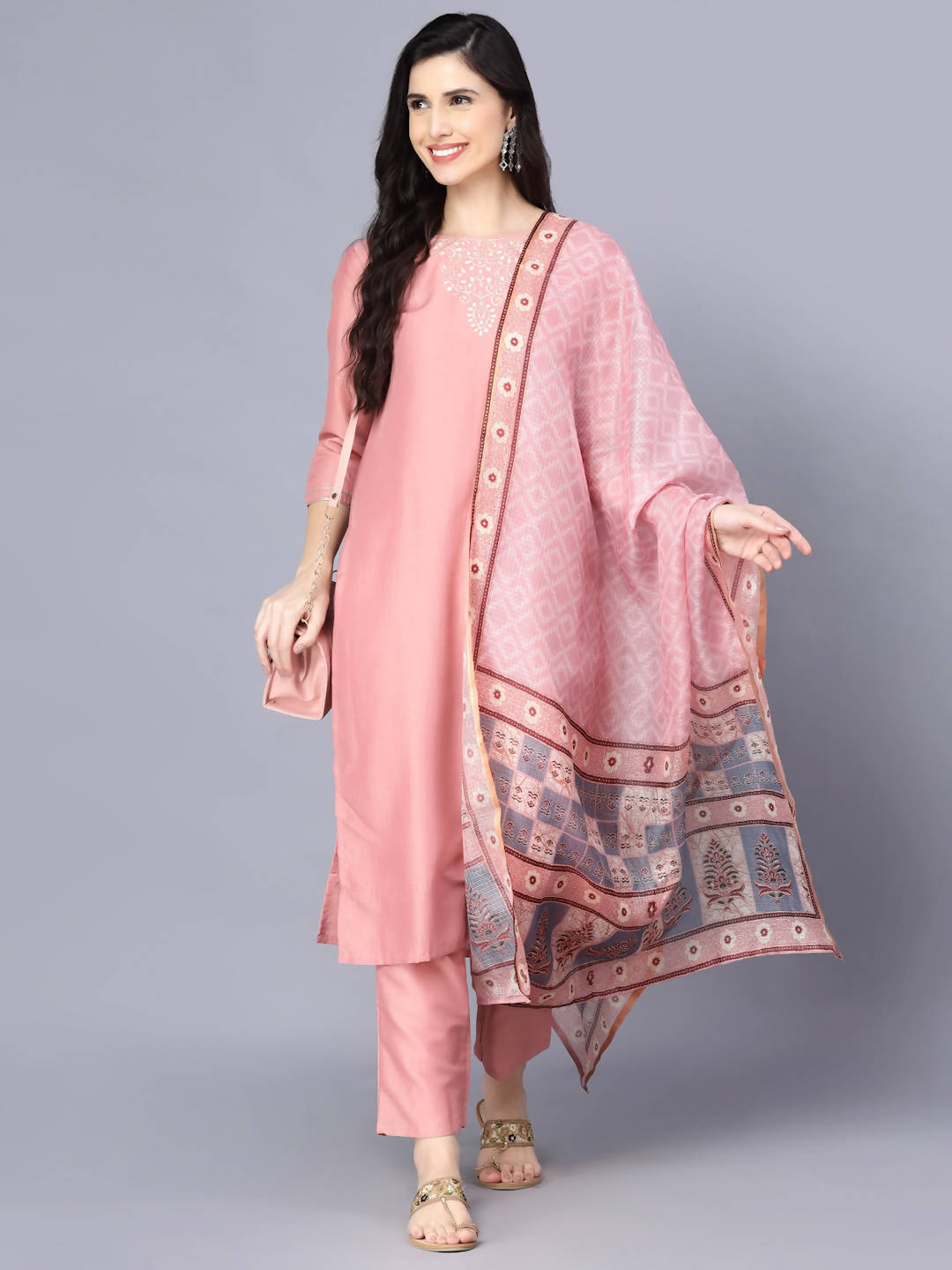 Myshka Women Peach-Coloured Layered Kurta with Trousers With Dupatta
